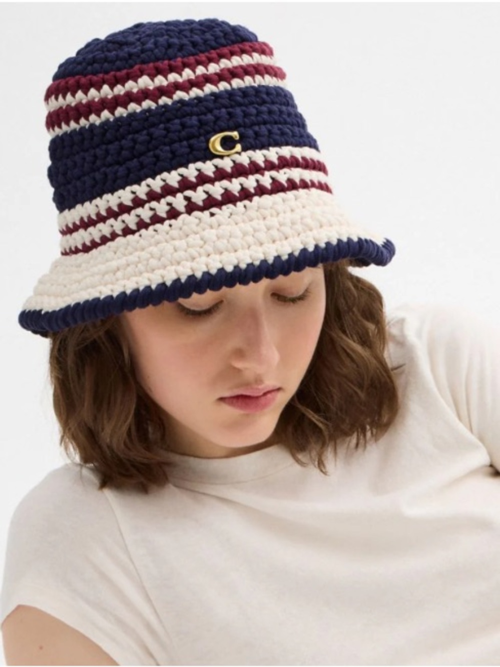 COACH Women’s Navy Multi Stripe Crocheted Cotton Blend Bucket Hat - XS/S
